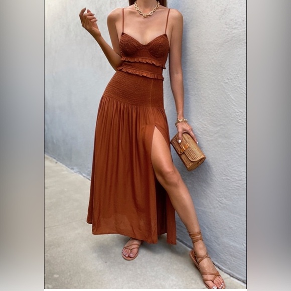 HALLOWEEN HIPPIE COSTUME Seven Wonders Shirred Ruffle Bodice Brown Dress Slit XL - Picture 1 of 7